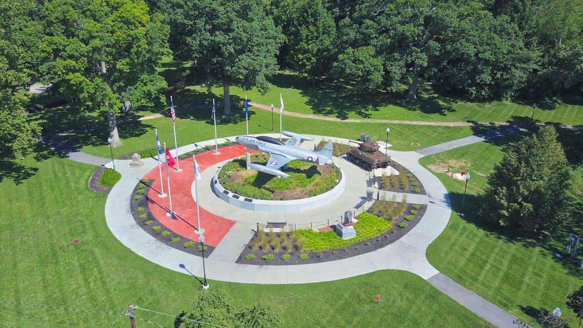 Aerial drone photography of the Veterans Memorial at Huntington, Indiana