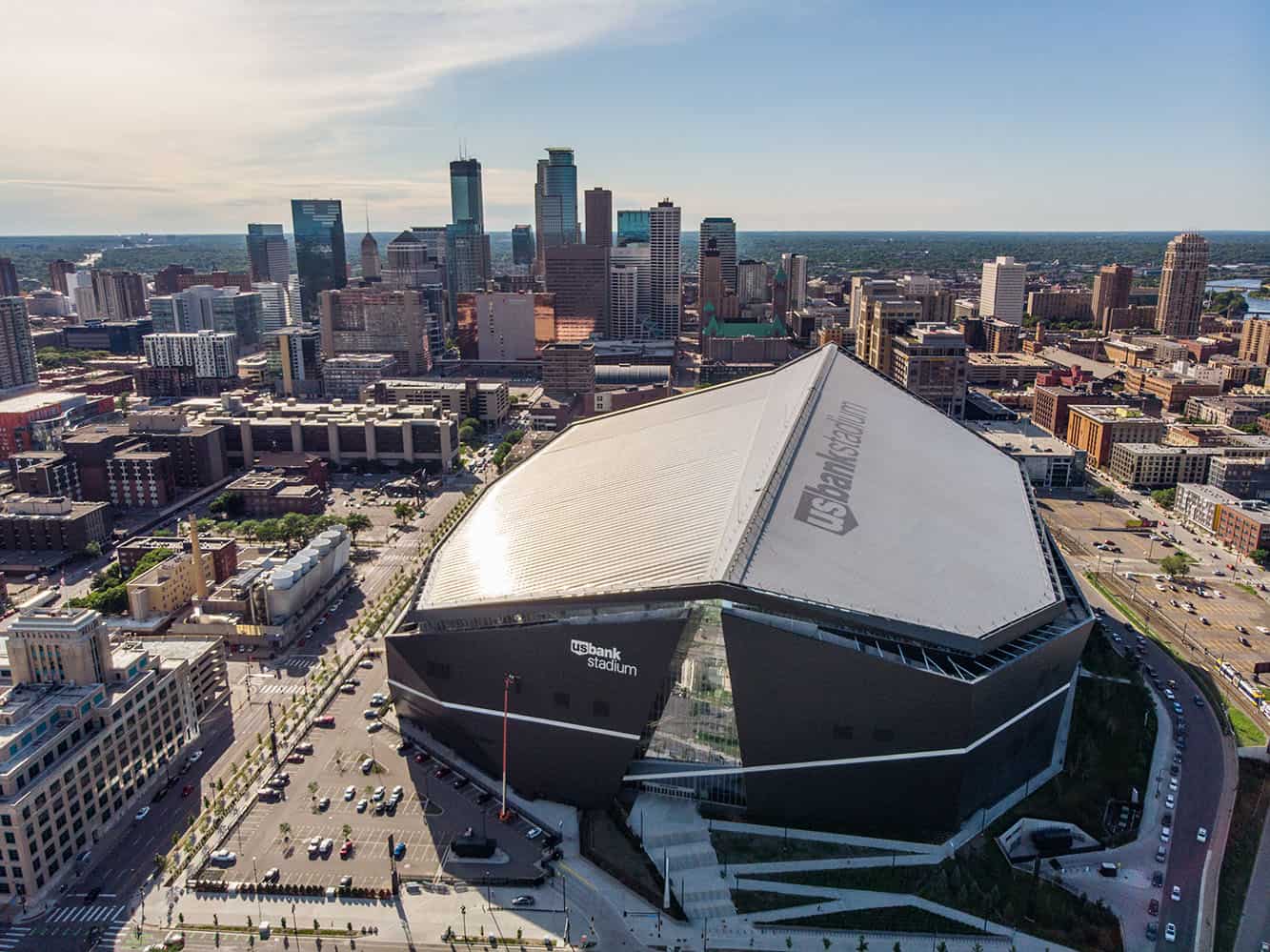 US Bank Stadium aerial drone photo with city in background