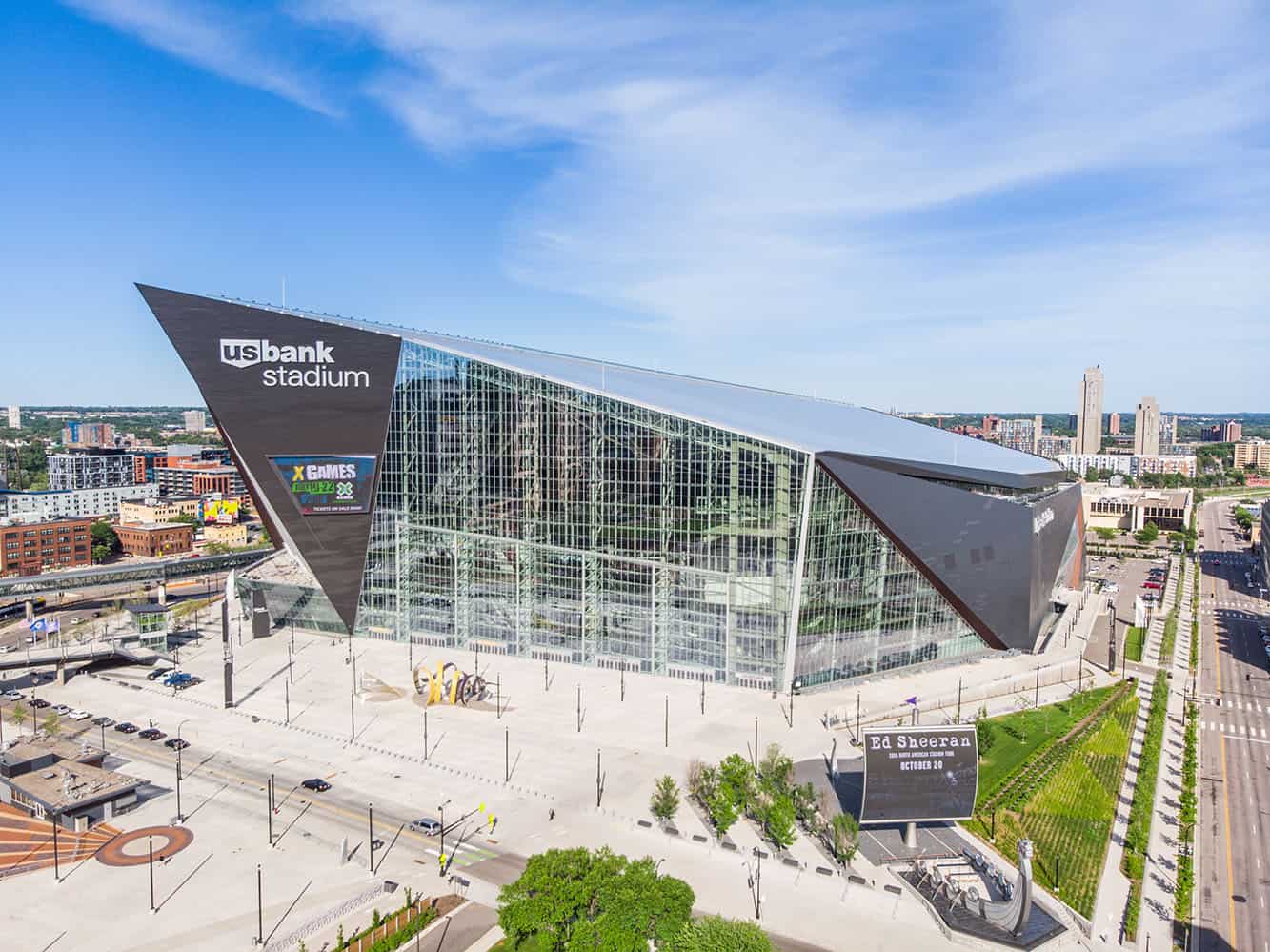 US Bank Stadium side view drone photo Minnesota