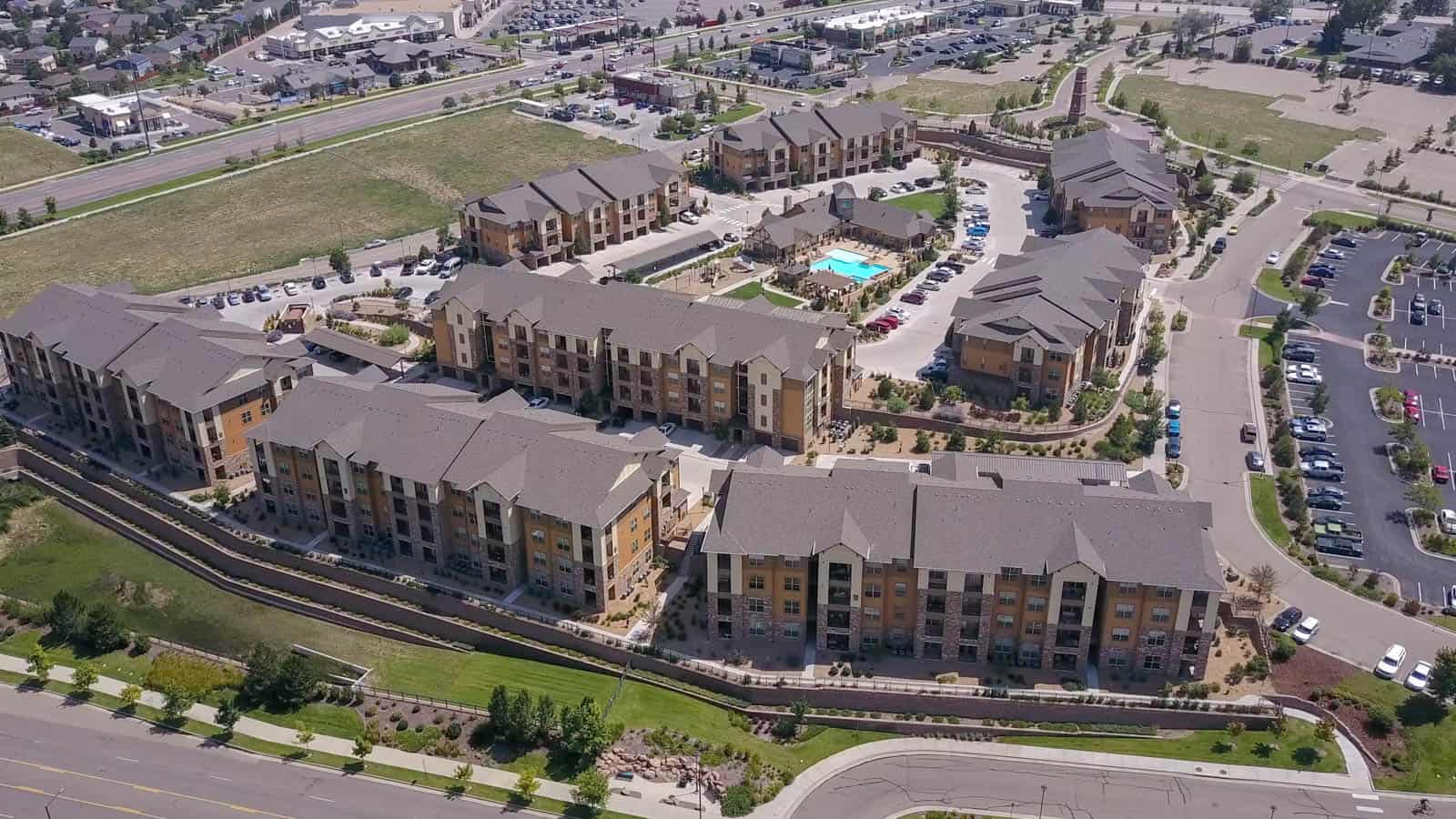 apartment complex arial photo with pool in middle in Colorado