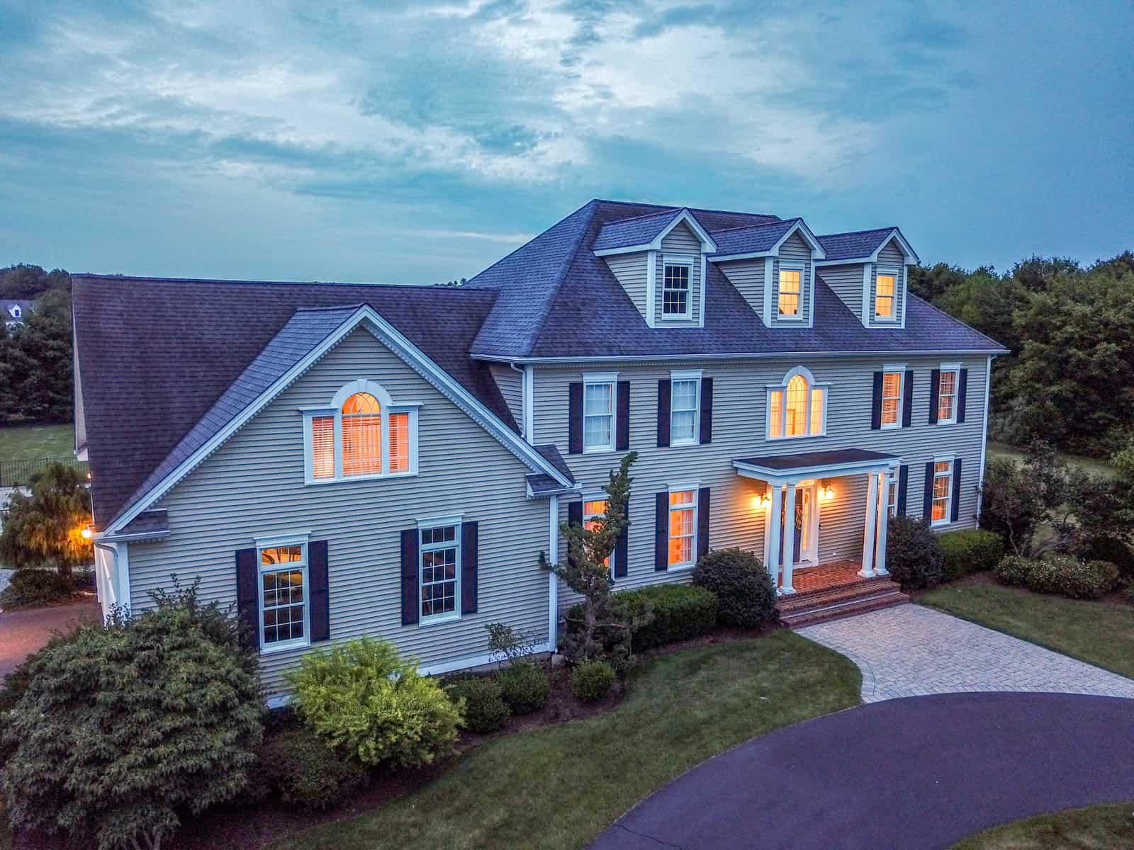 aerial drone photo of front of residential home in Guilford, CT 
