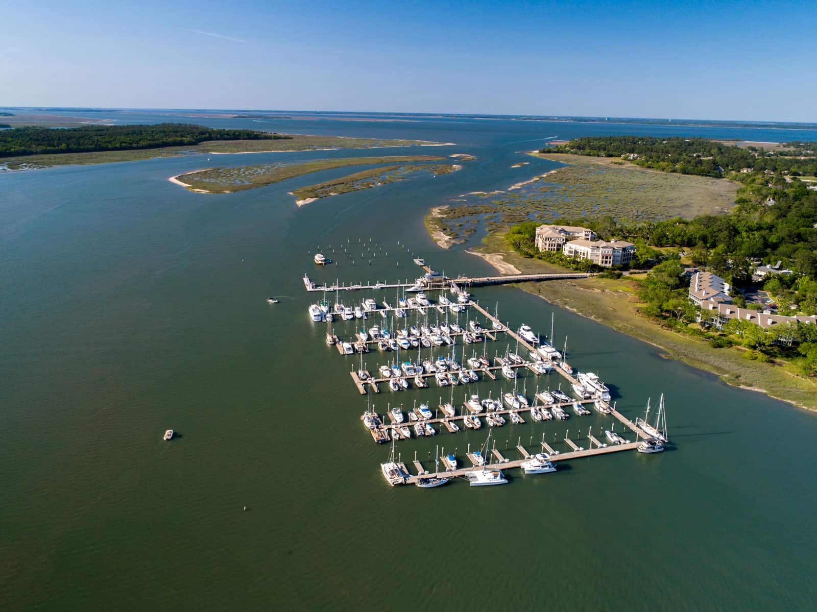 drone photo of boat docking marina in South Carolina