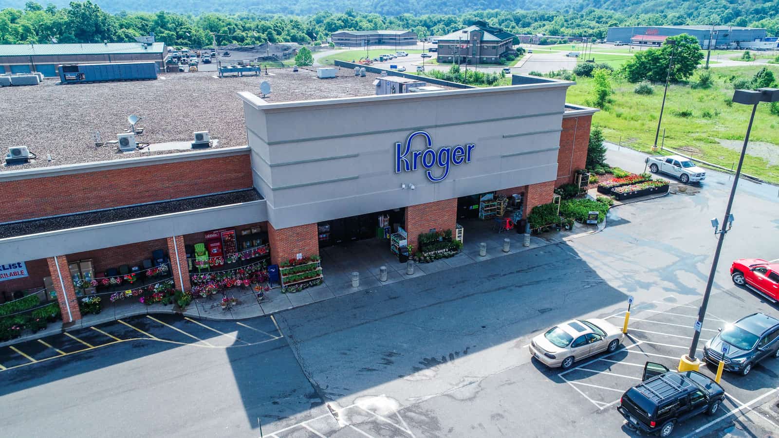 Kroger aerial drone photo at shopping plaza in West Virginia