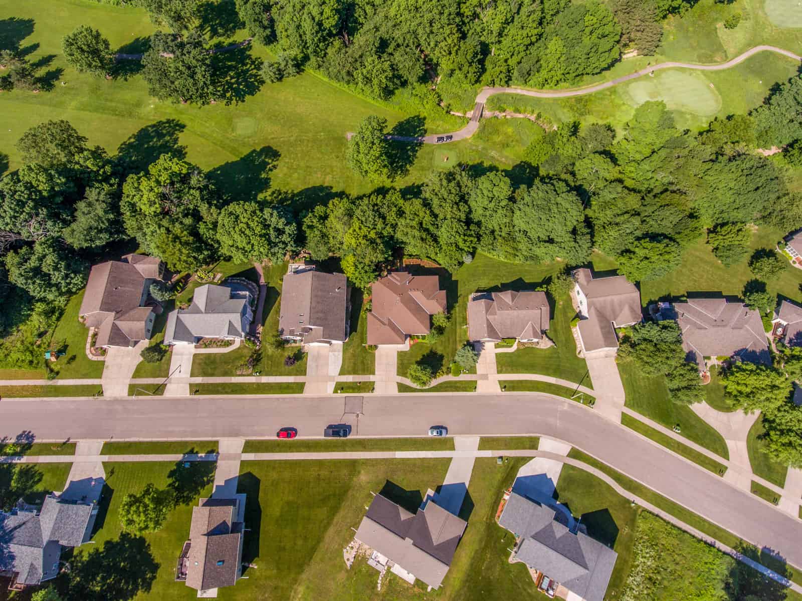 aerial drone photo looking down at neighborhood of houses in Wisconsin