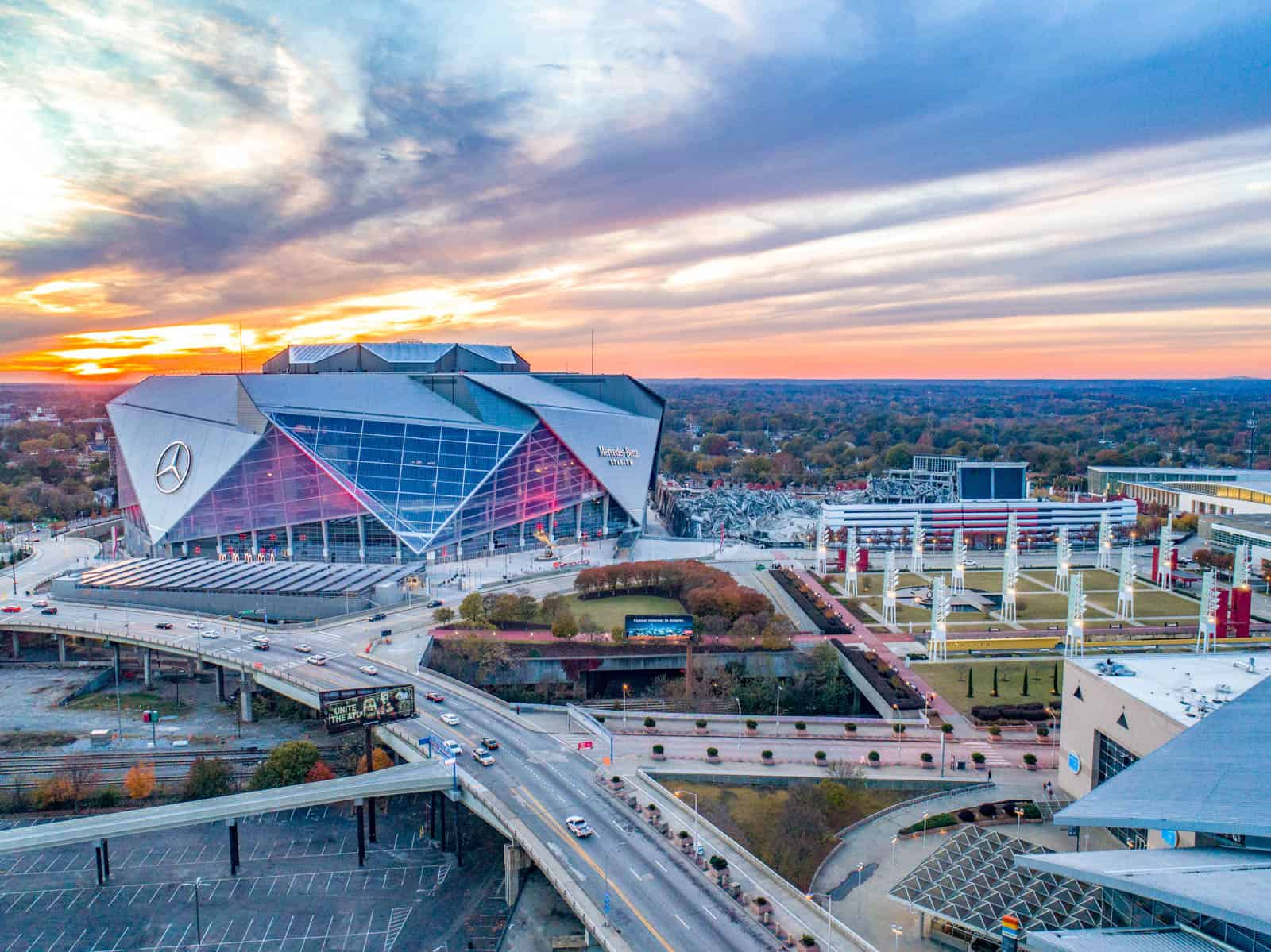 aerial drone photo of Mercedes-Benz Stadium at sunset