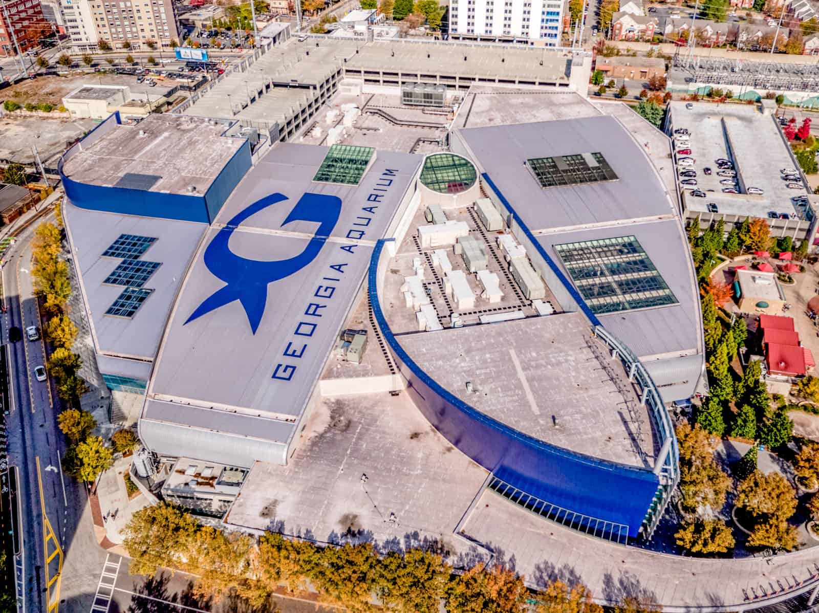 aerial drone photo looking down at Georgia Aquarium