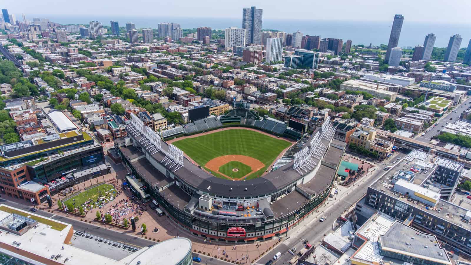 Illinois Field baseball diamond aerial photo with skyscrapers, city, and ocean in background