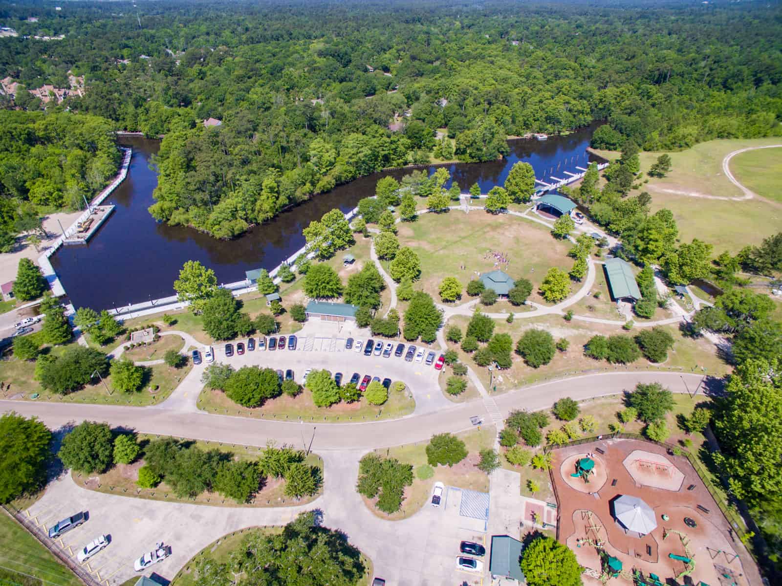 aerial drone photo of a park next to a river in Louisiana