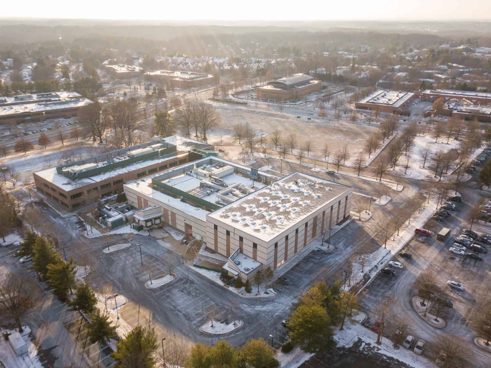 office building aerial drone photo during sunrise in the winter in Maryland
