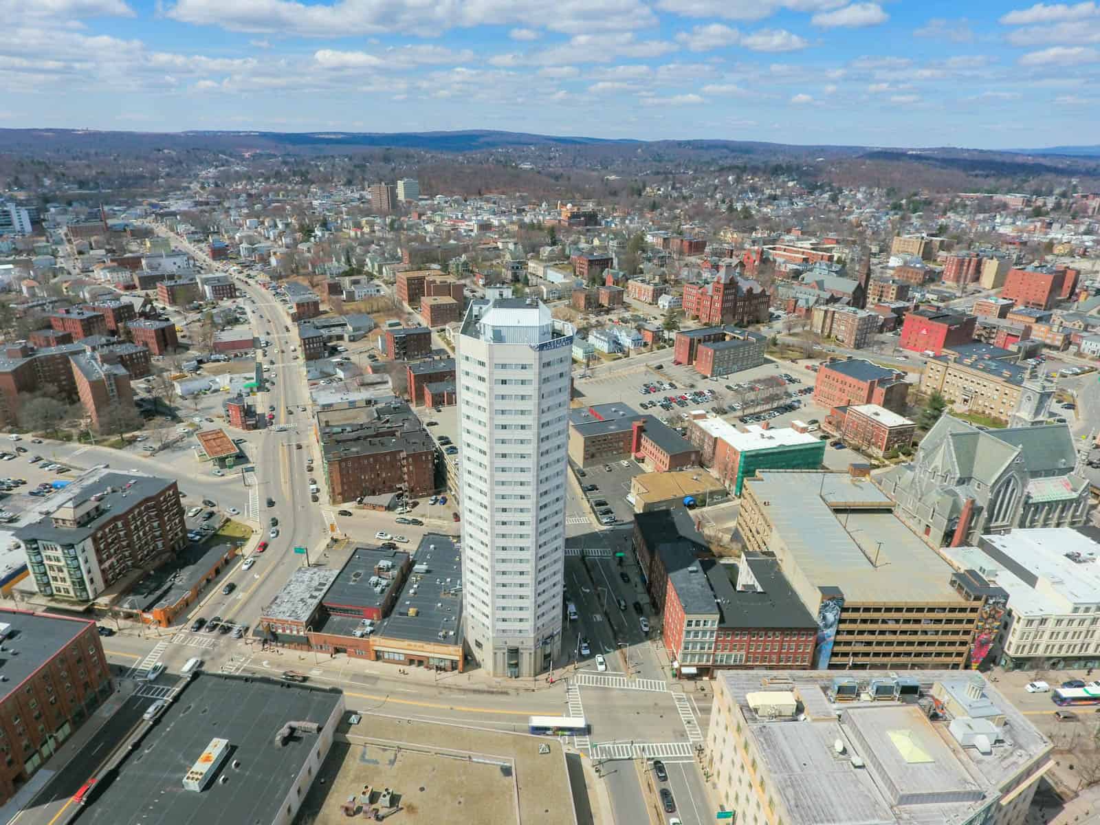 aerial drone image of an office building in Worcester, MA