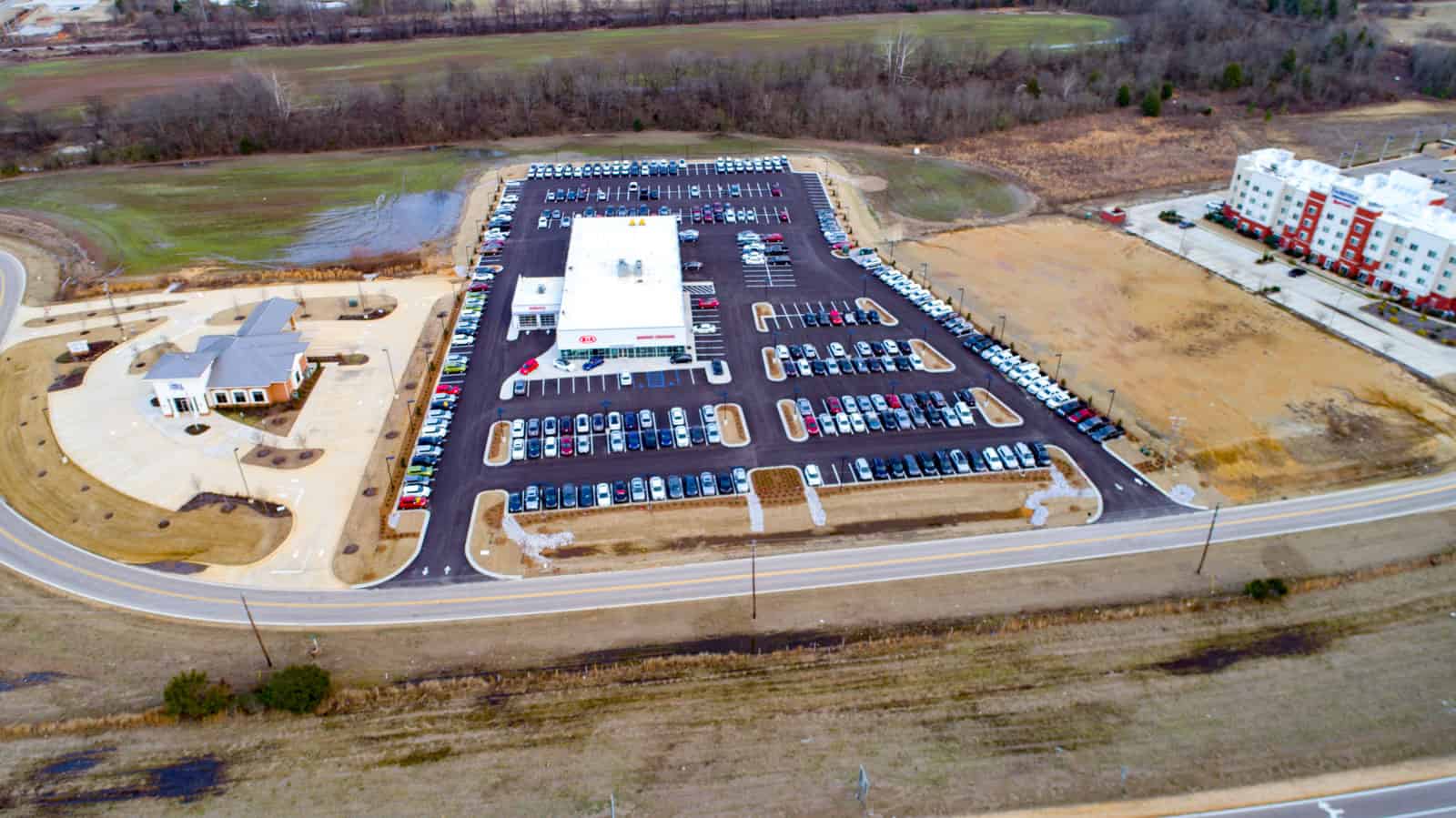 drone photo of car dealership in Mississippi