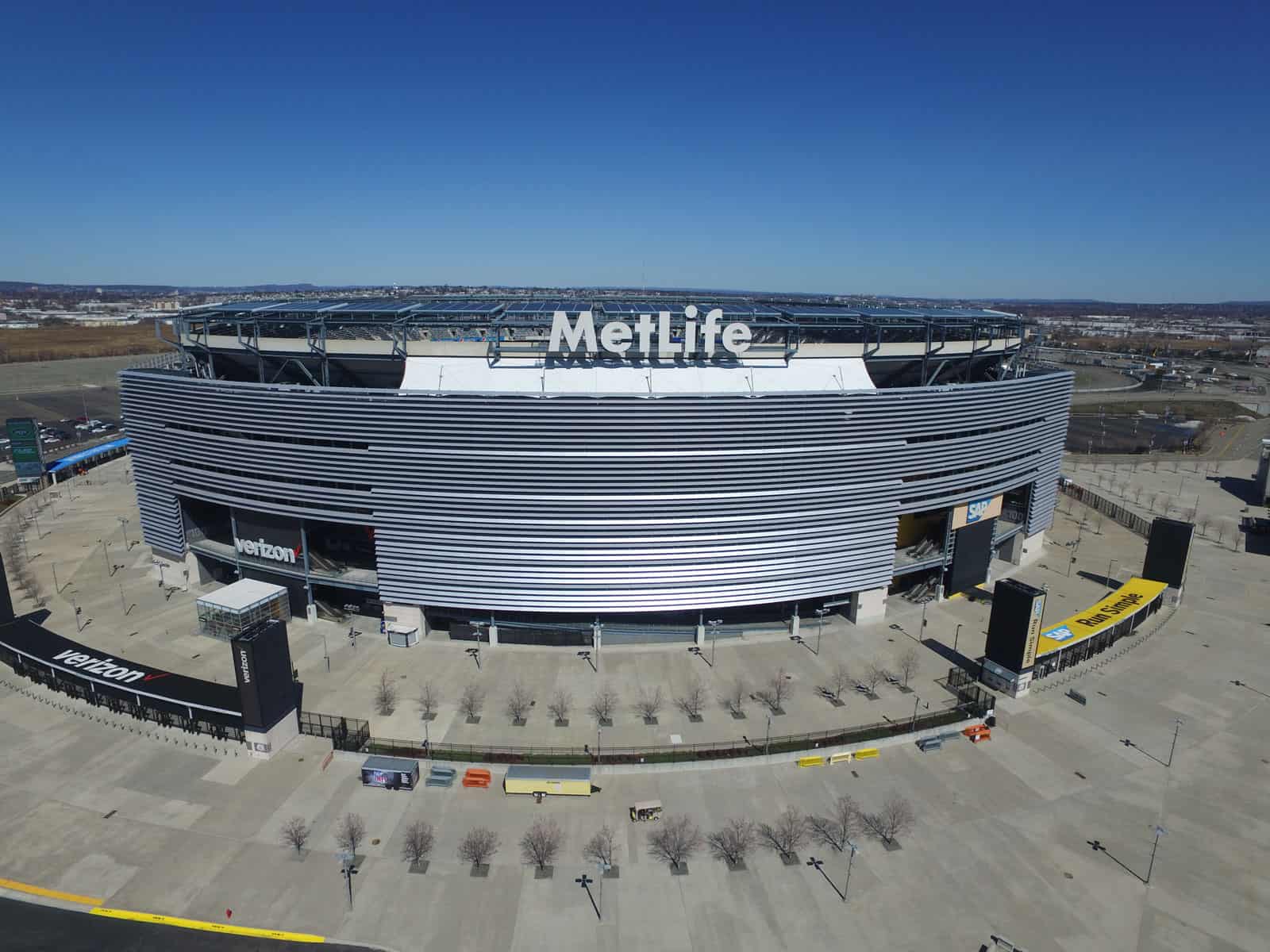 MetLife Stadium front view with sign visible drone photo