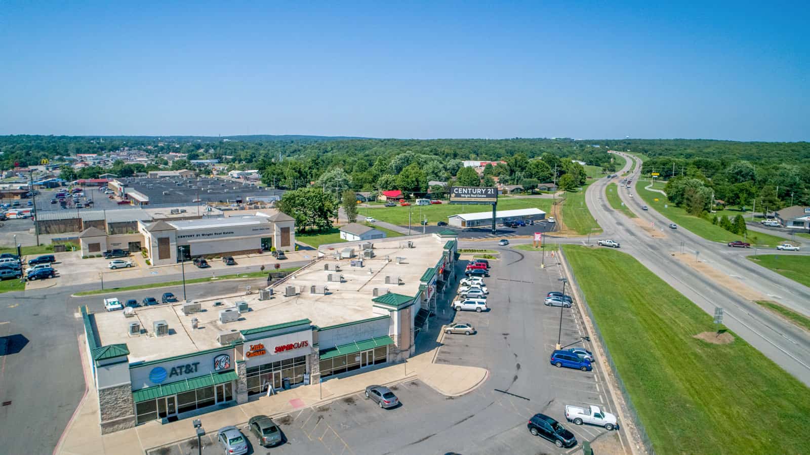 commercial real estate shopping plaza aerial drone photo