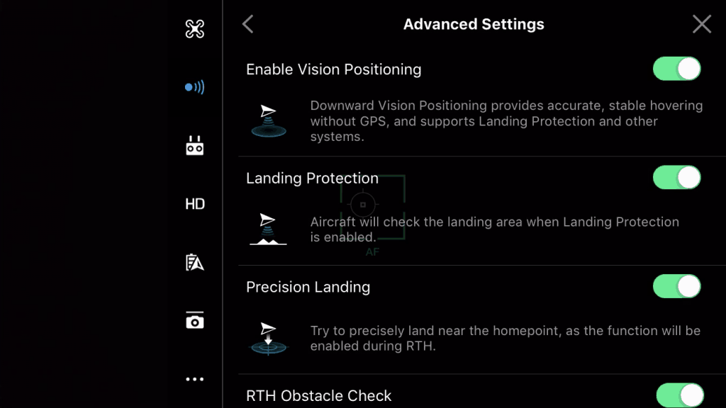 dji go visual navigation settings vision positioning enabled