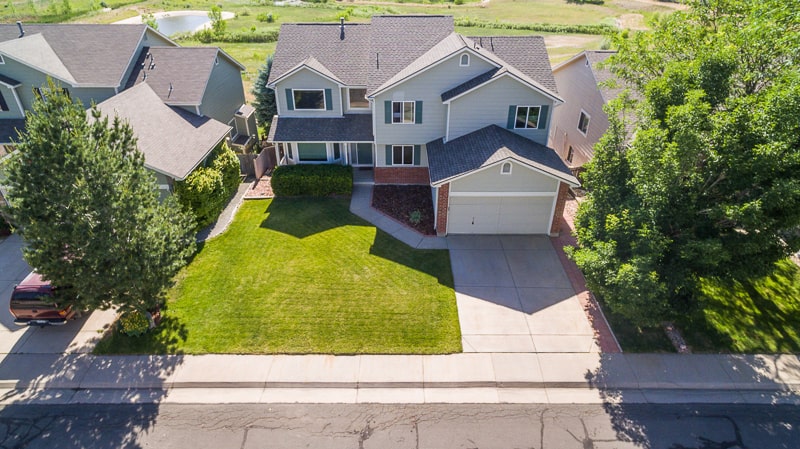 residential real estate aerial drone photo of neighborhood in Aurora Colorado
