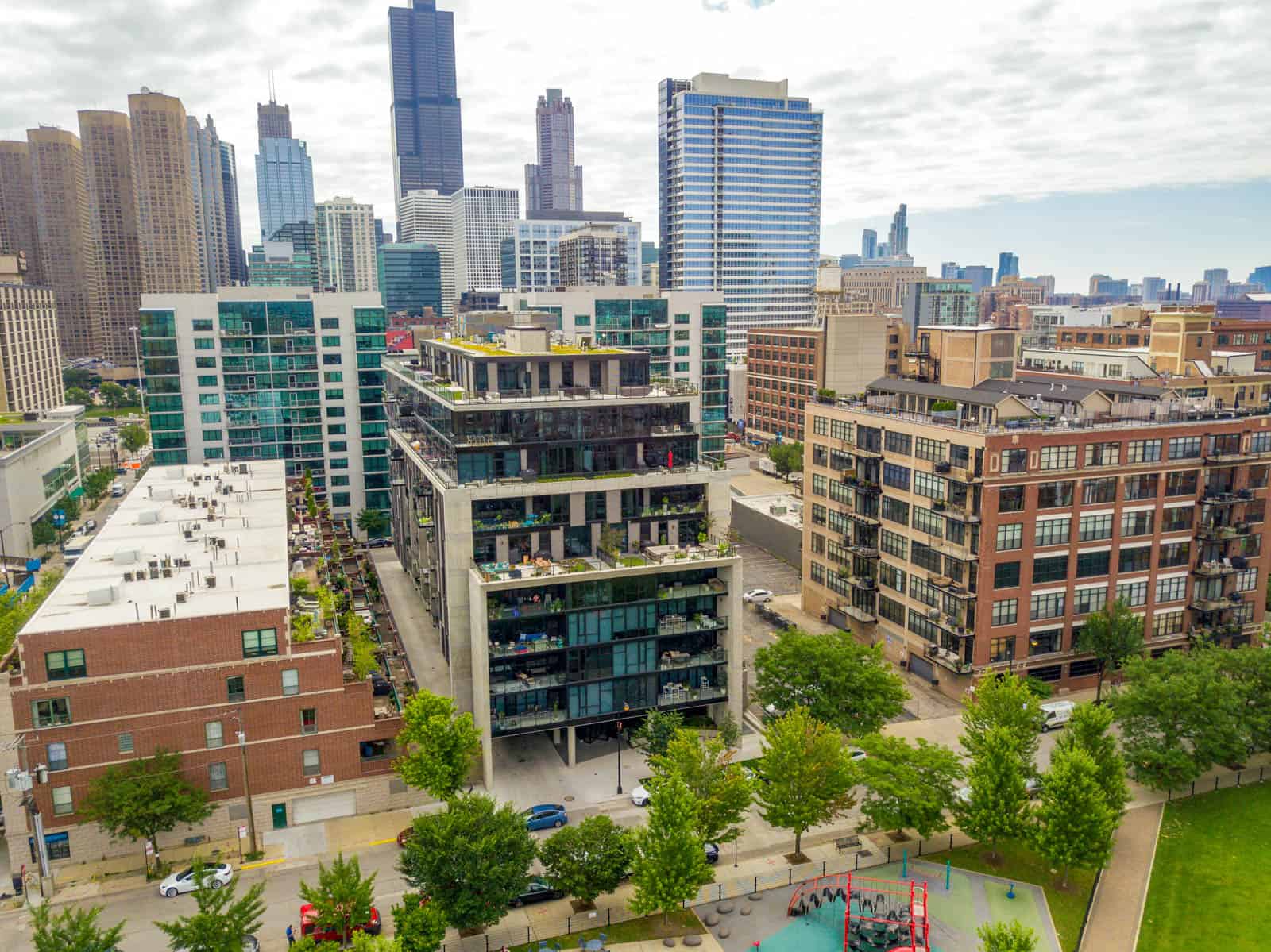 aerial drone photo of newly constructed apartment building in Illinois