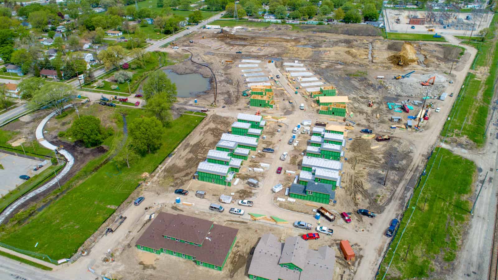 high altitude aerial drone photo of building construction site in Champaign, IL