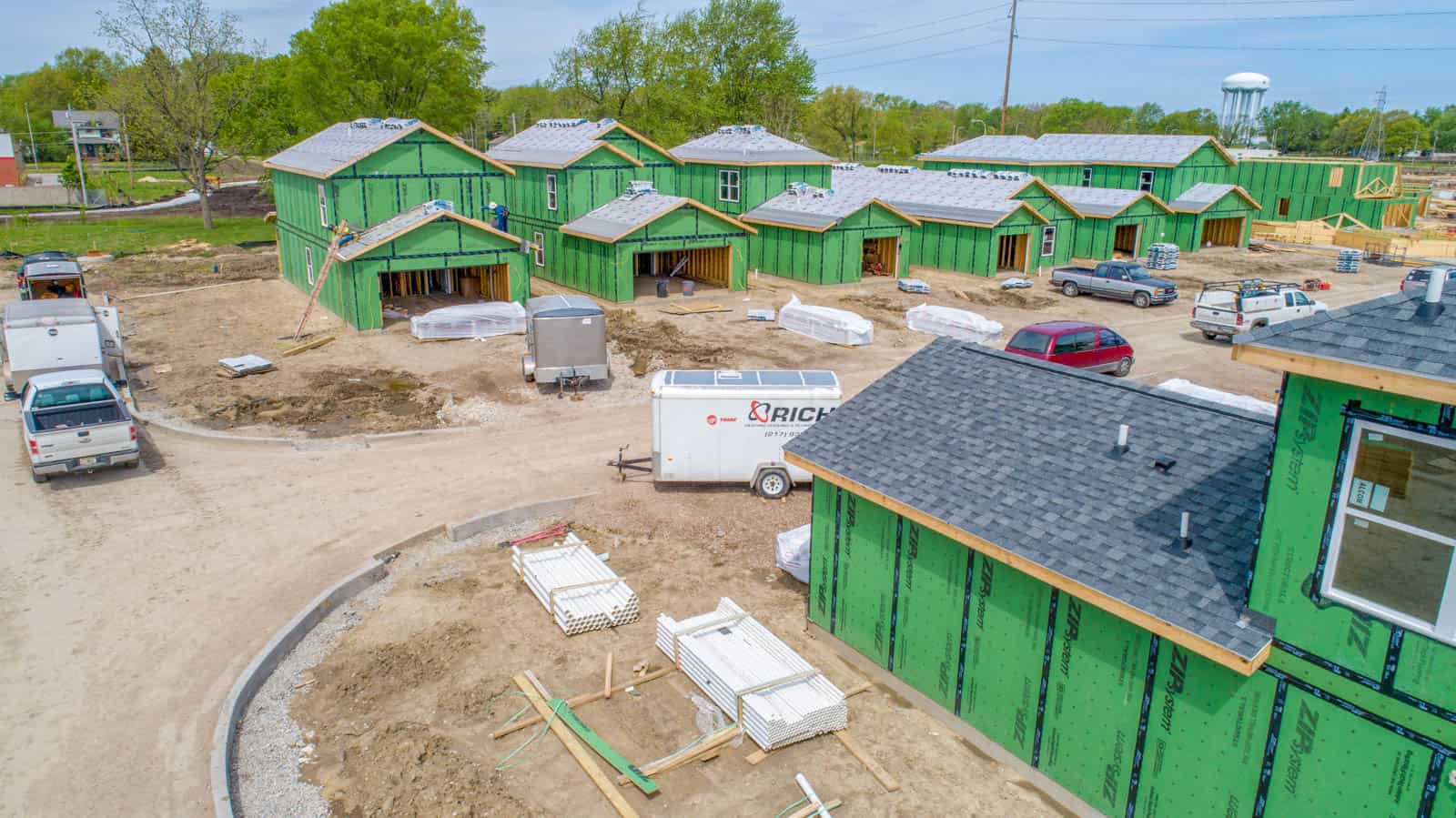 aerial drone photo of houses being built on construction site in Champaign, IL