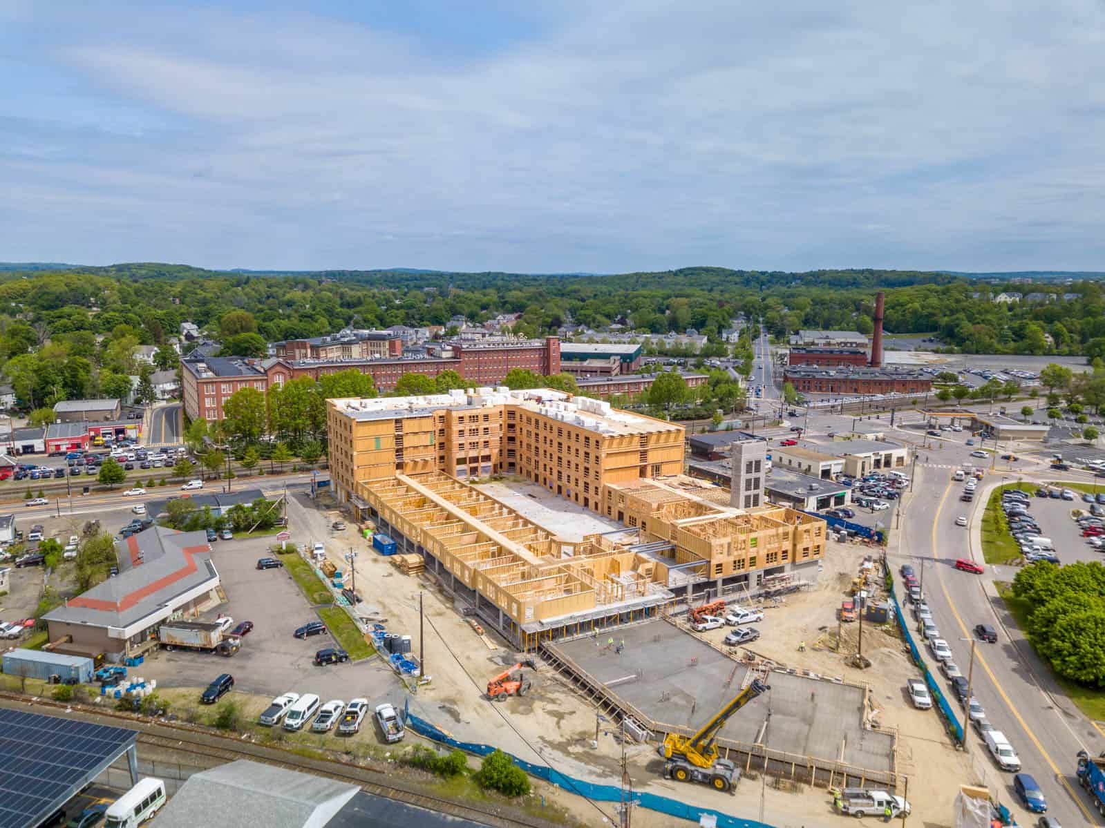 aerial drone photo of construction progress project in Framingham, MA