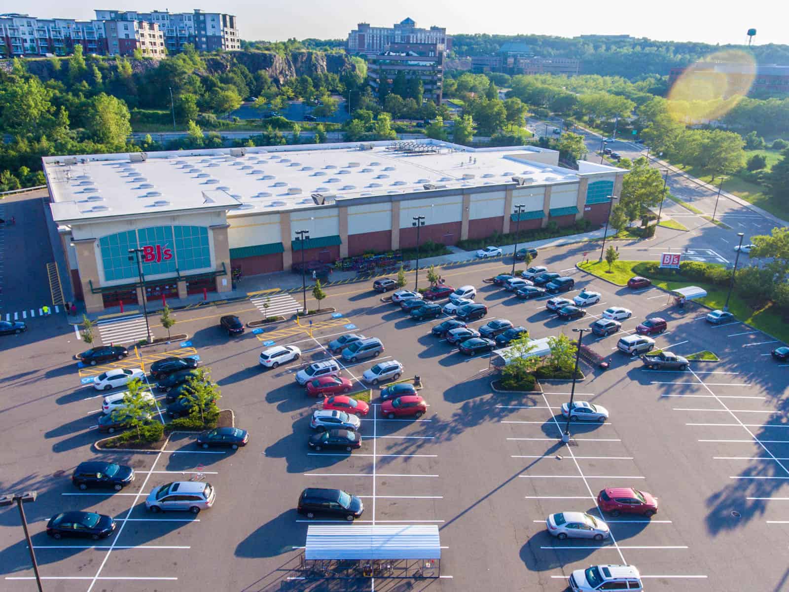 aerial drone photo of BJ's shopping center in Massachusetts
