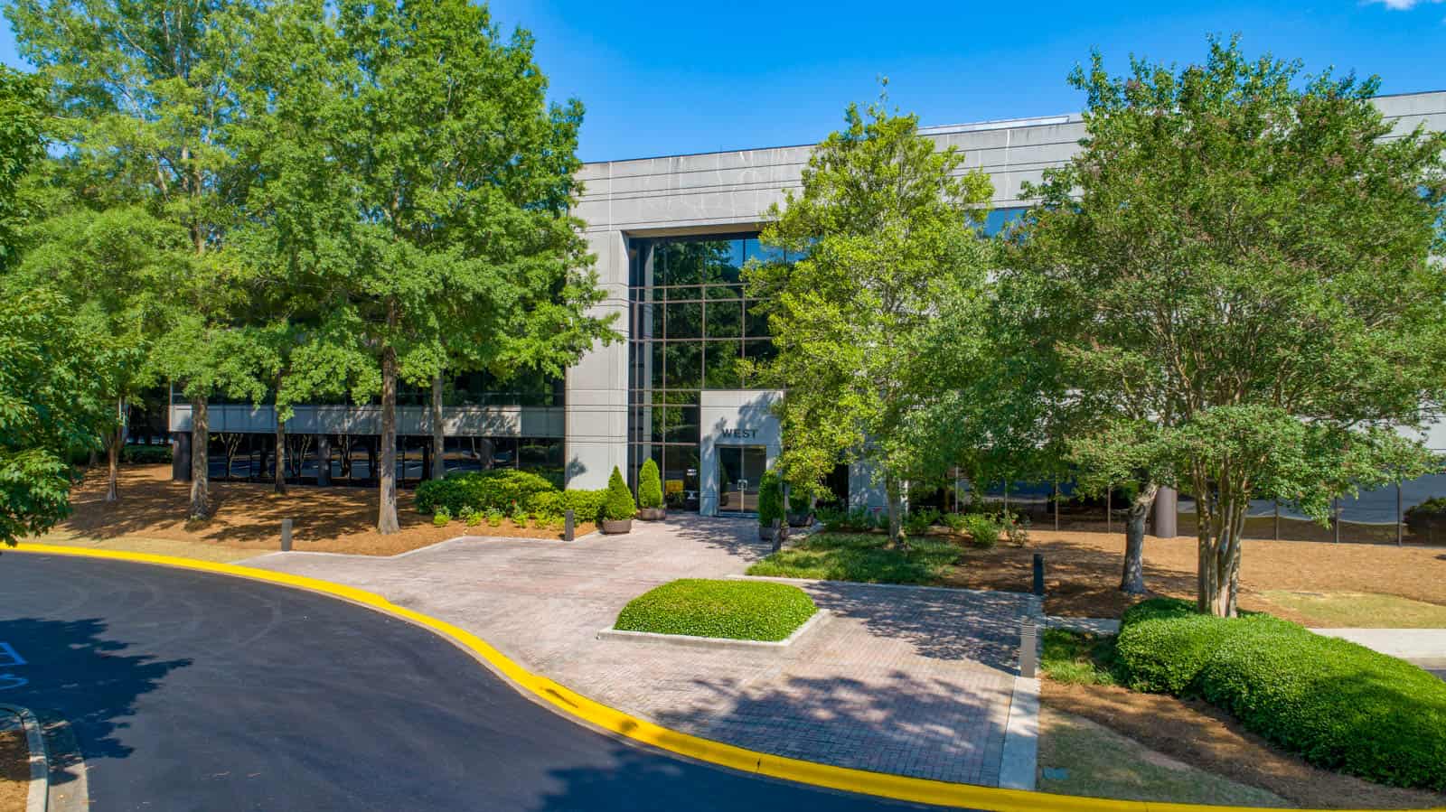 aerial drone photo of front entrance of office building in Birmingham, Alabama