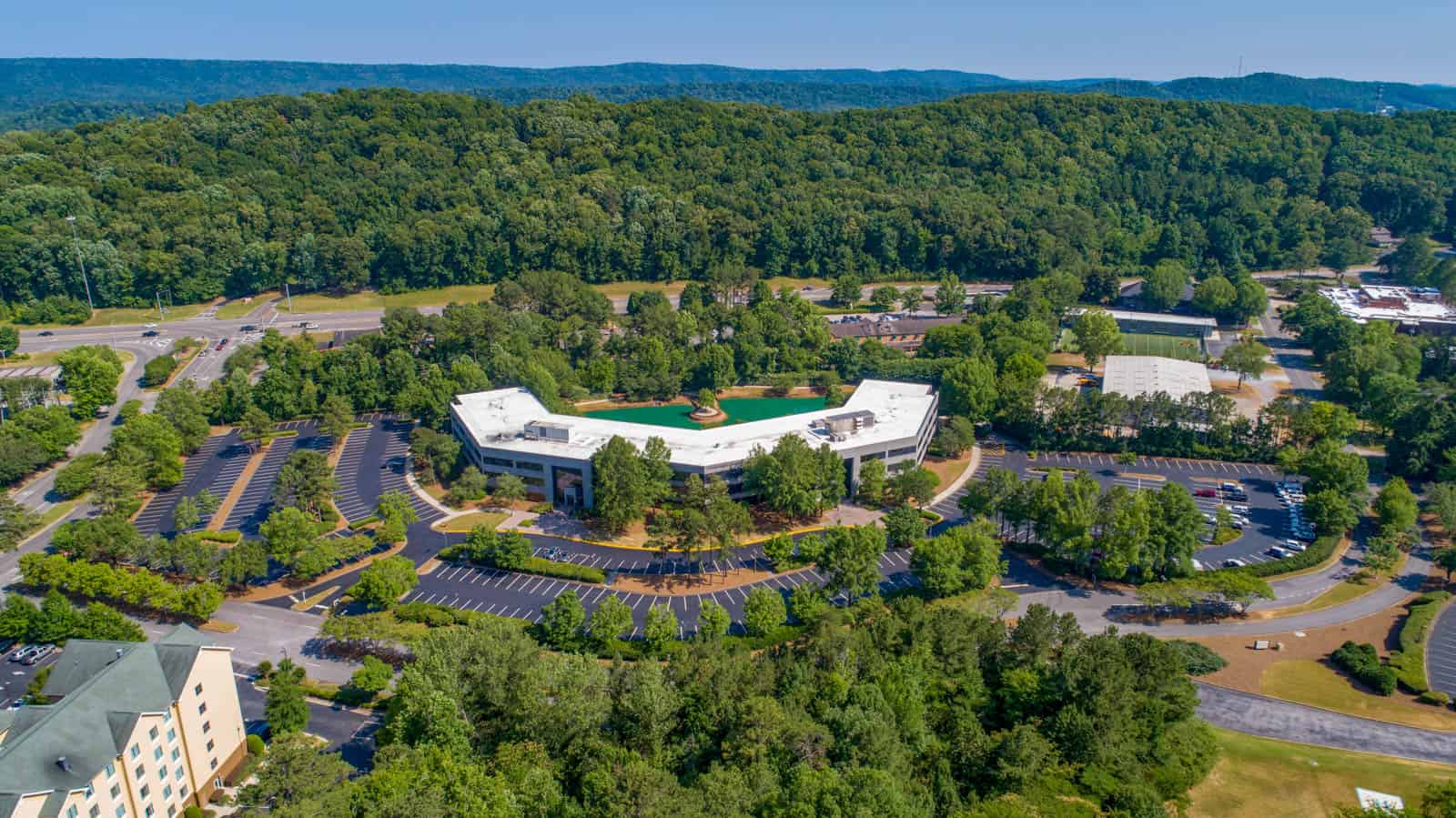 aerial drone photo of office building in Birmingham, Alabama