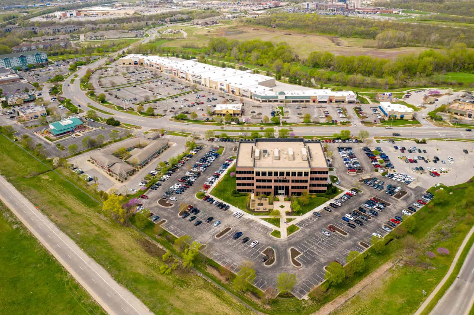 aerial drone photo of commercial real estate property in Independence, Missouri