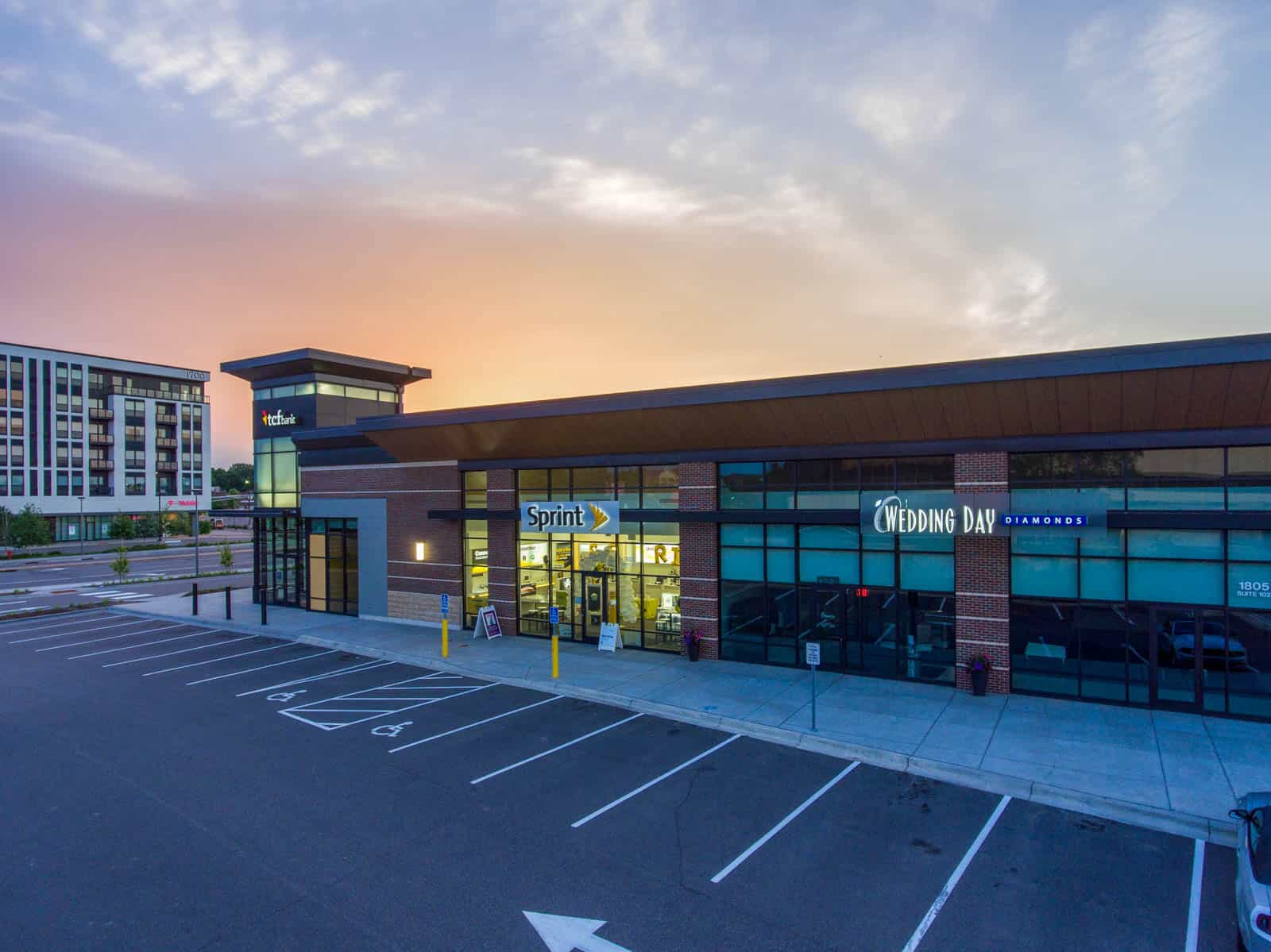 low altitude drone photo of commercial real estate property taken at sunset in Minnetonka, MN