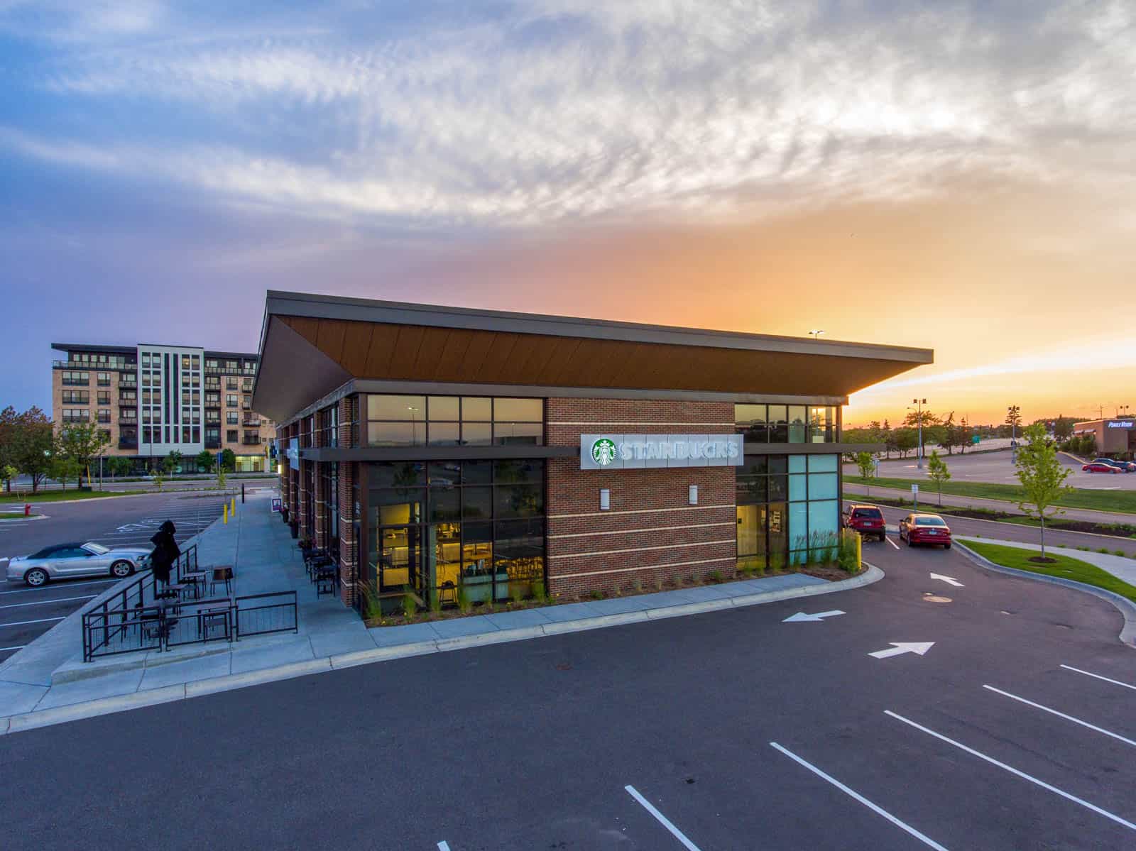 aerial drone photo of commercial real estate property taken at sunset in Minnetonka, MN